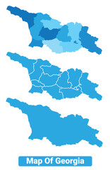 Vector Blue Georgia political maps with borders regions simple flat illustration set 