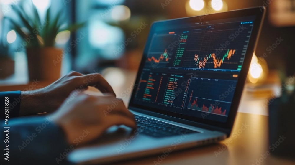 Poster A financial analyst working on a laptop with a screen displaying a complex, multi-line graph, set in a corporate environment with modern office decor.