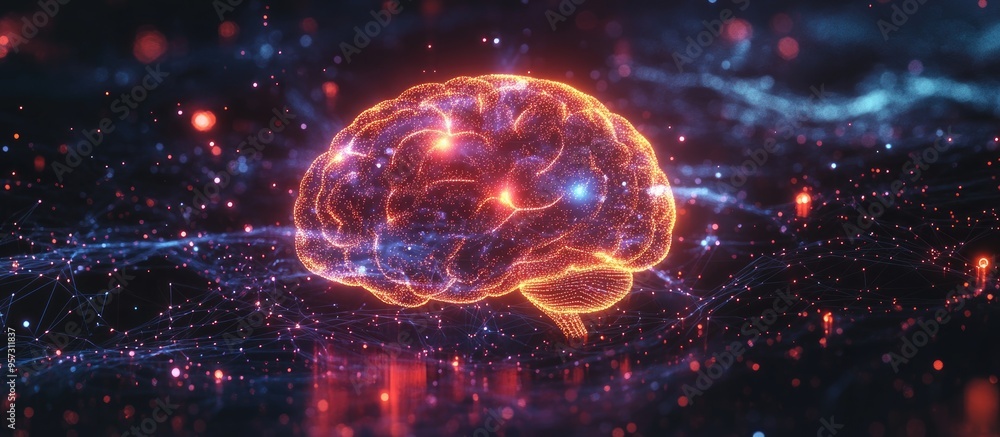 Poster 2D illustration representing the concept of thought featuring an abstract background with a brain symbolizing artificial intelligence and technology