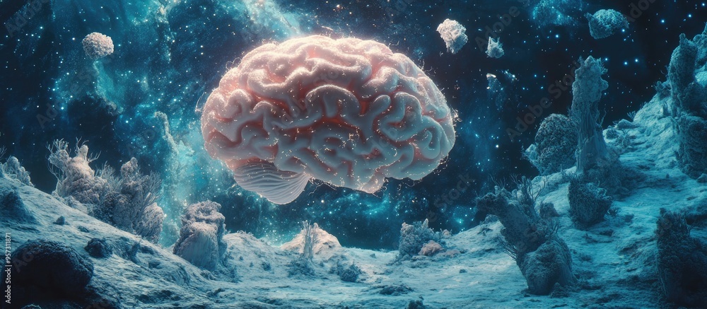 Poster 2d illustration showcasing the concept of thought featuring an abstract brain design representing ar
