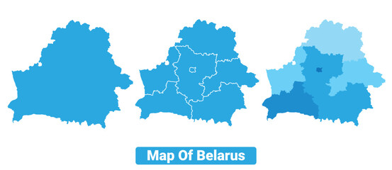 Obraz premium Vector Blue Belarus political maps with borders regions simple flat illustration set 