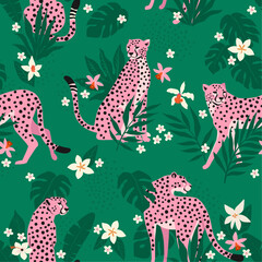 Vector seamless pattern with pink leopards, flowers, and tropical leaves. Trendy style.
