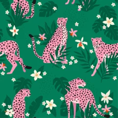 Gardinen Tiere Muster  Vector seamless pattern with pink leopards, flowers, and tropical leaves. Trendy style.  © Angelina Bambina