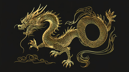 Fototapeta premium Dragon illustration with golden color outline, no background, suitable for any element, template, tattoo, decoration, screen printing, sticker, backdrop. chinese new year element. Dragon. Illustration