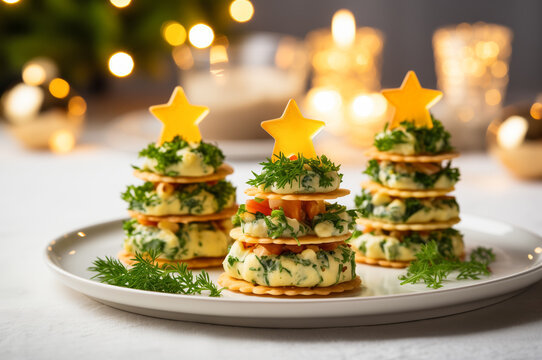Festive Christmas cracker and cheese canapes served on a white plate. Horizontal, side view. Festive atmosphere.