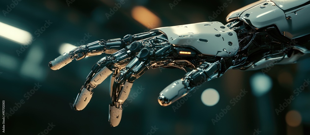 Poster 3d ai technology illustration of a robotic hand in a side view against a backdrop