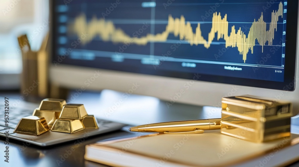 Fototapete a financial dashboard on a computer screen displaying a comprehensive gold price graph, with a golde