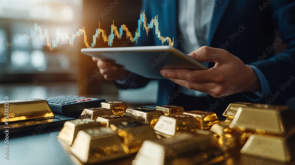 Leinwandbilder A financial professional analyzing a gold price chart on a tablet, with physical gold bars and a calculator on the table, symbolizing the relationship between data and tangible assets.