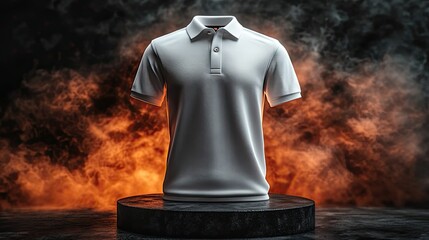 3D Mockup of a white polo shirt, showing both the front and back of the shirt on a pedestal, black background with smoke.