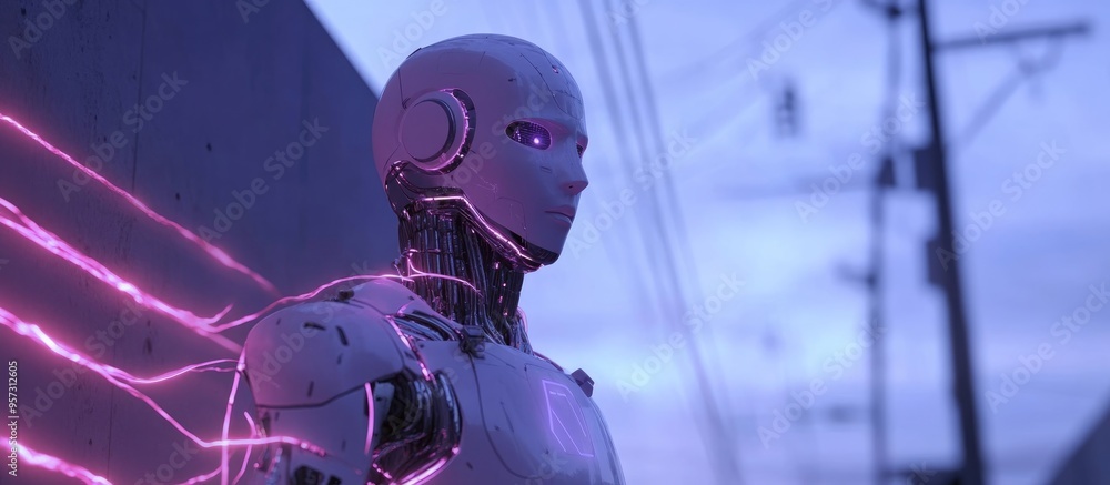 Poster 3d illustration of a humanoid robot also known as android displaying artificial intelligence during 