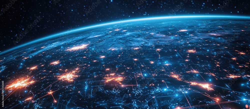 Poster 3D Illustration of a Digital Planet Earth for Broadcast News Opening Concepts of Digital Technologies Computer Networks Social Media and Big Data are featured