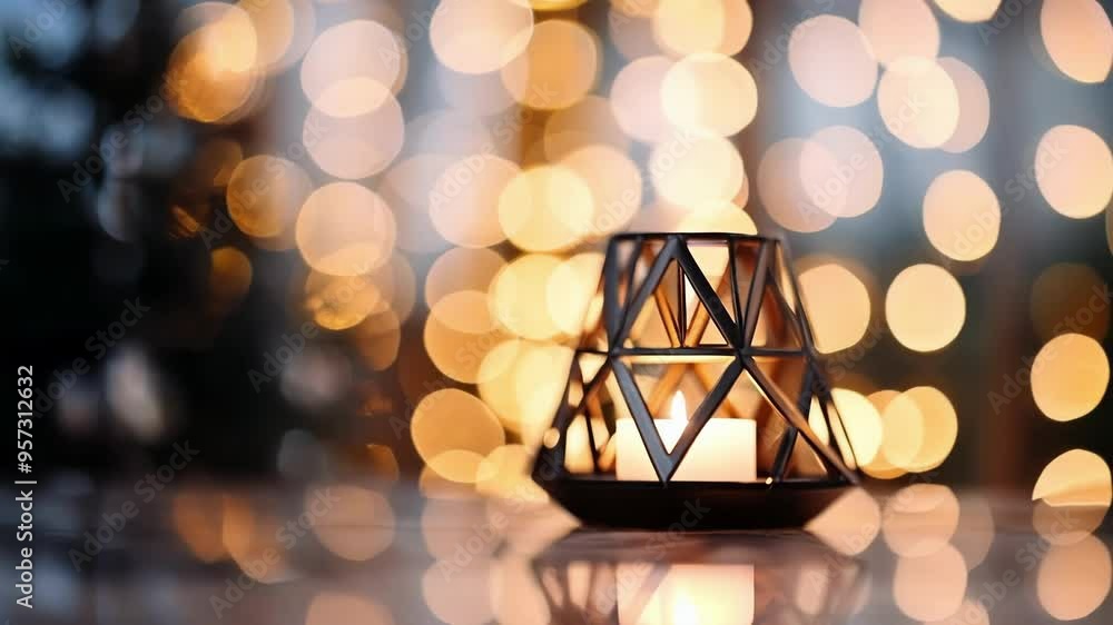 Poster lit candle is displayed on a table, emanating a warm glow that contrasts with the blurred background