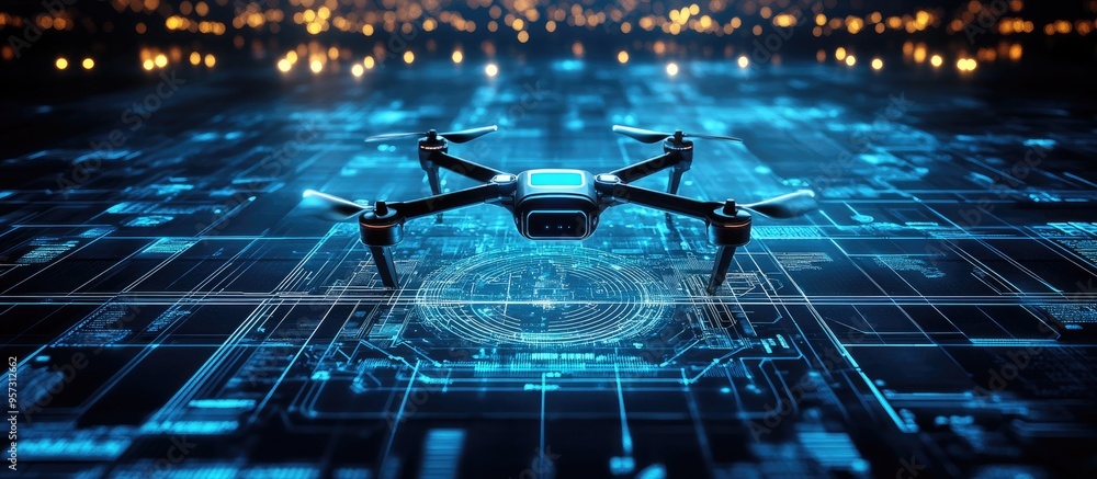 Poster 3d illustration of a futuristic wireless technology featuring an ai drone within a global computer m