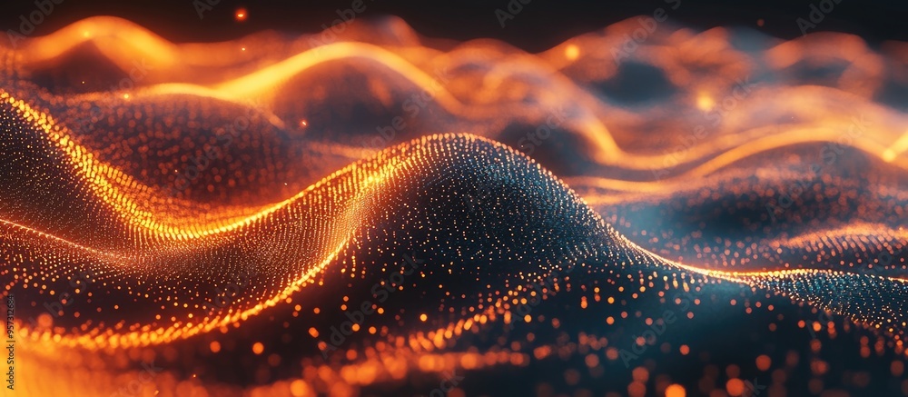 Poster 3d abstract background featuring illuminated digital waves composed of glowing particles conceptual 