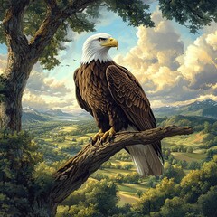 Fototapeta premium A bald eagle perched on a tree branch, overlooking a valley.