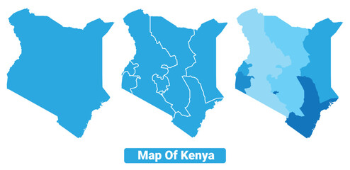 Vector Blue Kenya political maps with borders regions simple flat illustration set 