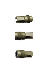 Khaki silencer for weapons. Suppressor that is at the end of an assault rifle. Isolate on a white...