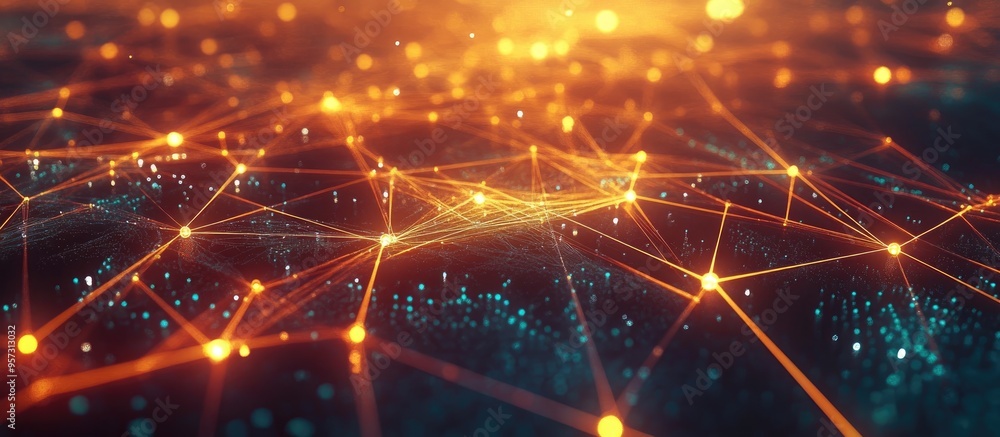 Poster 3d abstract representation of interconnected systems digital networks global resources blockchain te