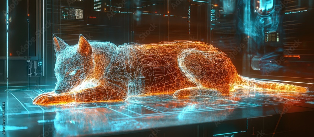 Poster 3d animation of a cyber dog in a resting position