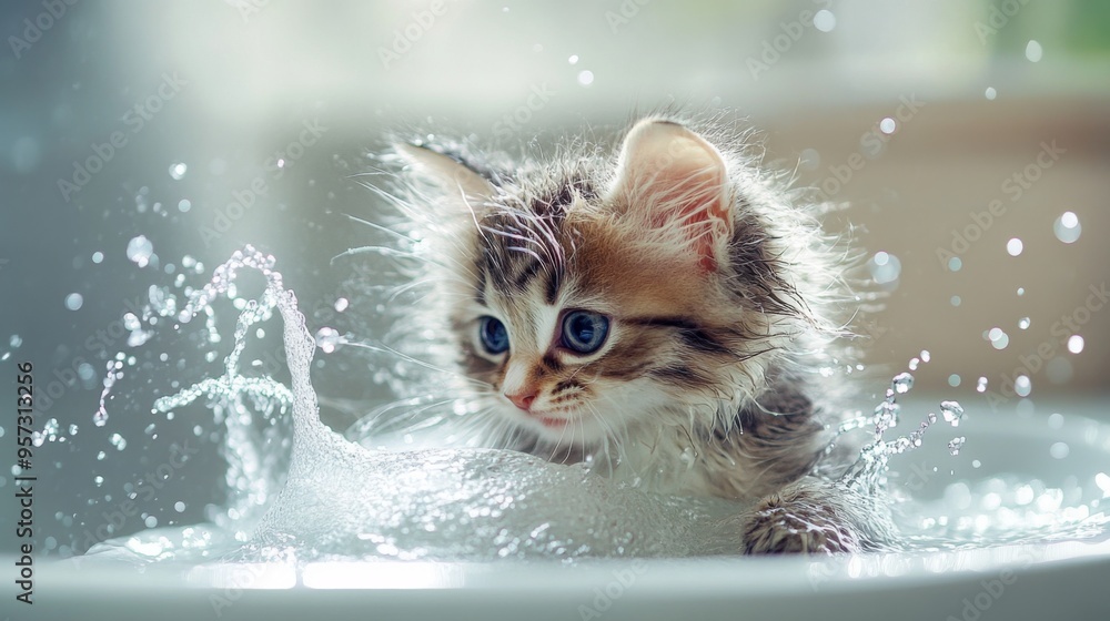 Poster a fluffy kitten with its fur all wet, playfully splashing water in a small sink, with bubbles and a 