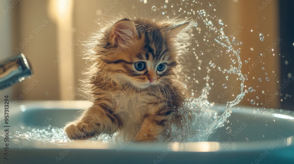 Poster a fluffy kitten with its fur all wet, playfully splashing water in a small sink, with bubbles and a 