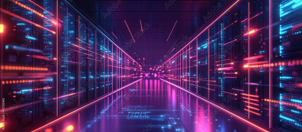 Poster 3d animation showcasing a data center with servers highlighting 5g lte connectivity internet speed a