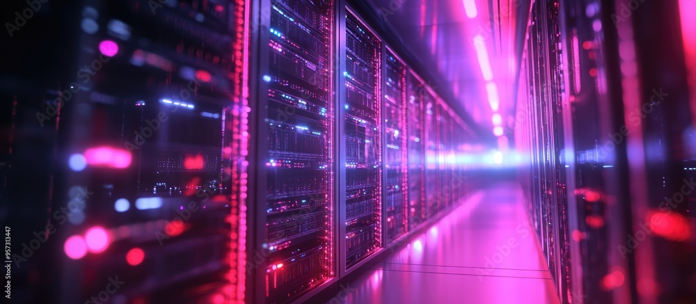 Poster 3d animation showcasing a data center with servers highlighting 5g lte connectivity internet speed a