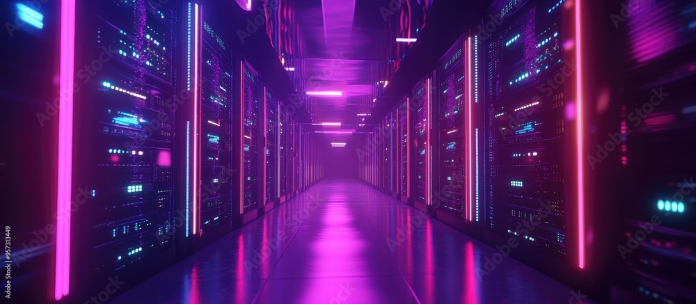 Poster 3d animation showcasing a data center with servers highlighting 5g lte connectivity internet speed a