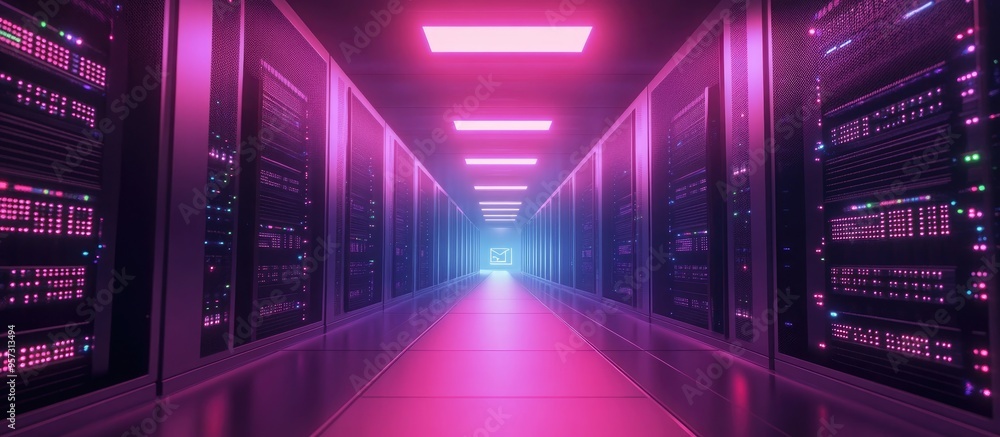 Poster 3d animation showcasing a data center with servers highlighting 5g lte connectivity internet speed a