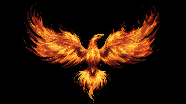 Illustration of a phoenix in fire. symbol of rebirth. fenix with burning wings and feathers. firebird on black background. generative ai. Phoenix. Illustration
