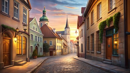 Fototapeta premium Charming sunset street view with historic buildings and lanterns in a warm ambiance