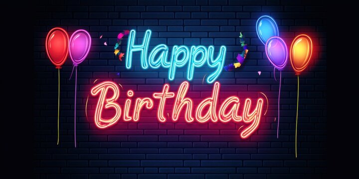 Neon sign with text "Happy Birthday" and party elements on a dark brick wall background colorful, glowing neon lights in the style of a retro style Generative AI - Powered by Adobe