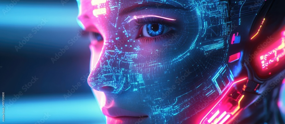 Aufkleber 3d bionic electric face illustration featuring digital technology internet networks and a futuristic
