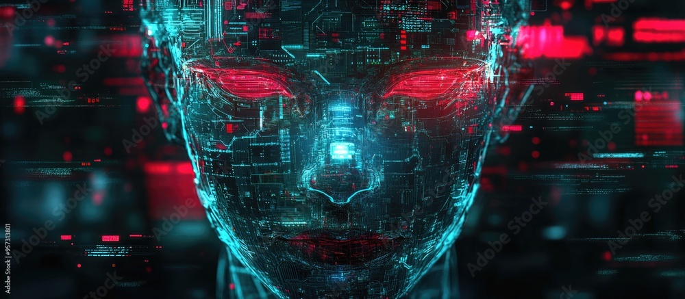Aufkleber 3d bionic electric face illustration featuring digital technology internet networks and a futuristic