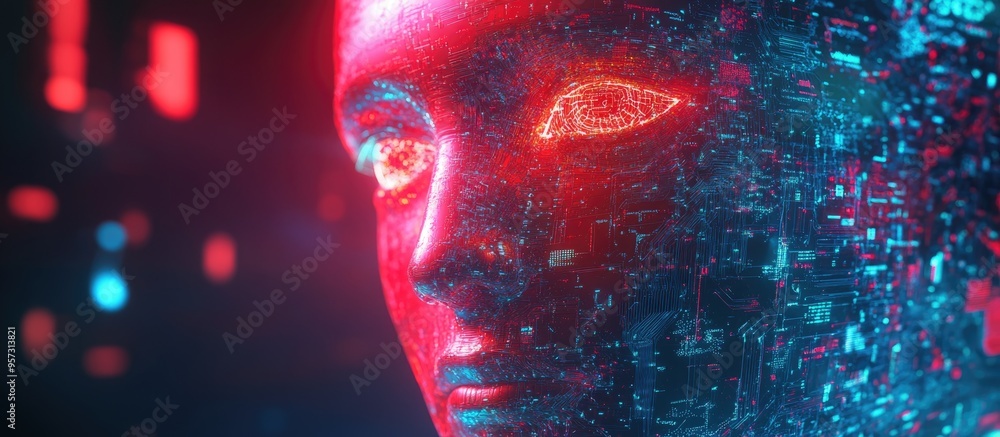 Aufkleber 3d bionic electric face illustration featuring digital technology internet networks and a futuristic