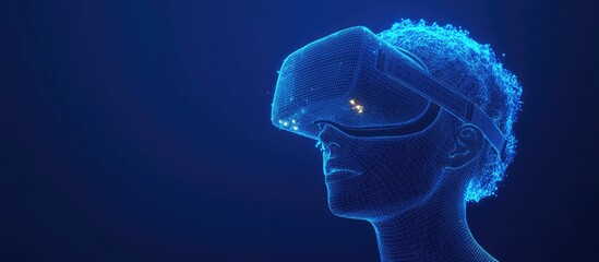 3D blue wireframe representation of a virtual human wearing a VR headset against a dark blue background 3D illustration rendering