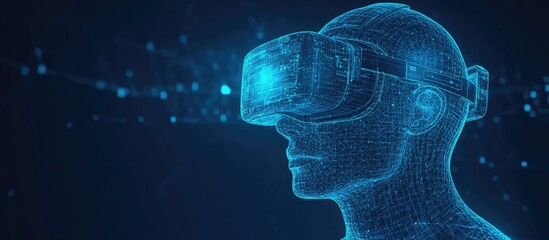 3D blue wireframe virtual human head wearing a VR headset featuring a glitch digital effect 3D illustration rendering