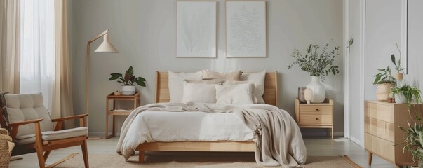 Scandinavian bedroom with light wood furniture and simple decor, 4K hyperrealistic photo