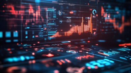 A futuristic digital interface with a glowing financial graph, overlaid with banking icons and numbers, set against a dark background, emphasizing cutting-edge financial technology.