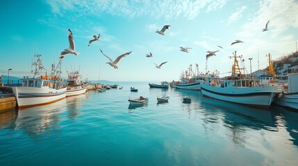 Fishing port. Sea, fishing boats, seagulls.