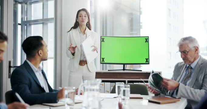 Computer, green screen and presentation with business people in office for financial forecasting. Finance team, tracking markers and tech with chroma key for capital allocation for company investment