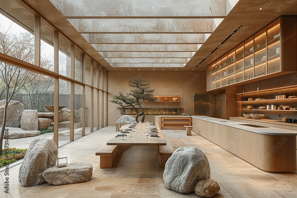 Poster a large open space with a wooden table and benches, and a tree in the middle