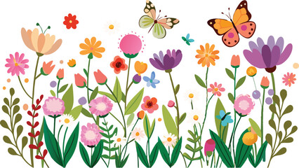 Watercolor style beautiful wildflowers, field of flowers with butterflies, seamless border isolated on a clear background, vector illustration.