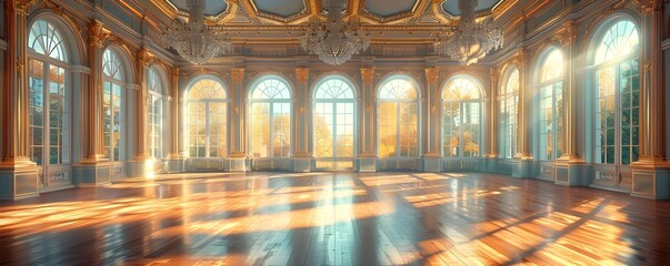 Obraz premium Lavish Ballroom with Crystal Chandeliers Gleaming Wooden Floors and Panoramic Windows in Opulent Historic Palace