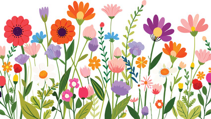 Watercolor style beautiful wildflowers, field of flowers with butterflies, seamless border isolated on a clear background, vector illustration.