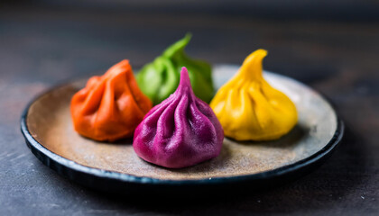 Colorful Ukadiche Modak sweet rice dumplings. Traditional Indian food. Ganesh Chaturthi Festival.