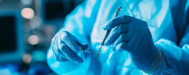 Gloved hands of a surgeon holding delicate tools, the focus on precision and the calm intensity required during a complex procedure