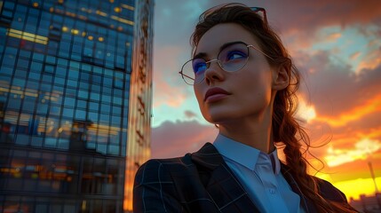 Confident Female Professional Framed by Dramatic Sunset Cityscape