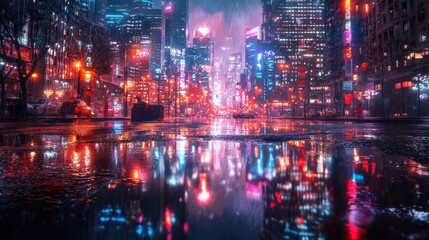 Neon Lights and Reflections in the City