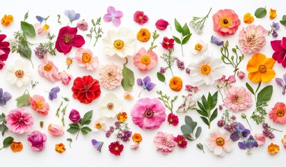 Colorful assortment of flowers arranged on a white background in a flat lay composition